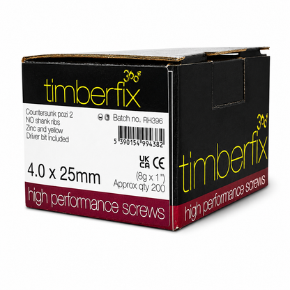 Box of 200x Timberfix 360 6g 4.0x25mm Premium Cutter Thread Wood Screws Countersunk Pozi Head Yellow Zinc