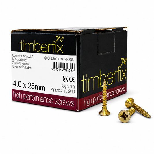 Box of 200x Timberfix 360 6g 4.0x25mm Premium Cutter Thread Wood Screws Countersunk Pozi Head Yellow Zinc