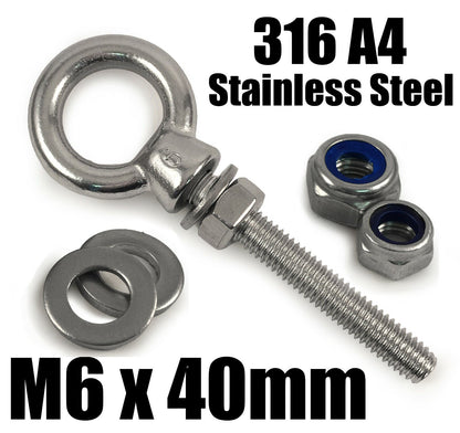 A4 316 Marine Grade Stainless Steel Long Eye Bolt + Hex Nut + Nyloc Nut M6 - M20