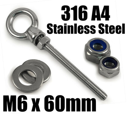 A4 316 Marine Grade Stainless Steel Long Eye Bolt + Hex Nut + Nyloc Nut M6 - M20