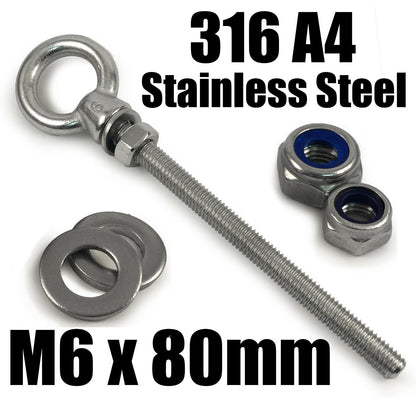 A4 316 Marine Grade Stainless Steel Long Eye Bolt + Hex Nut + Nyloc Nut M6 - M20