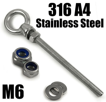 A4 316 Marine Grade Stainless Steel Long Eye Bolt + Hex Nut + Nyloc Nut M6 - M20
