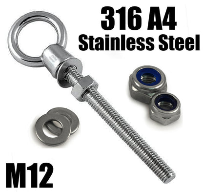 A4 316 Marine Grade Stainless Steel Long Eye Bolt + Hex Nut + Nyloc Nut M6 - M20