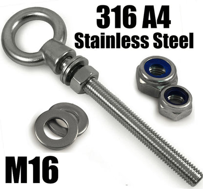 A4 316 Marine Grade Stainless Steel Long Eye Bolt + Hex Nut + Nyloc Nut M6 - M20