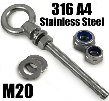 A4 316 Marine Grade Stainless Steel Long Eye Bolt + Hex Nut + Nyloc Nut M6 - M20