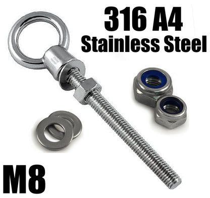 A4 316 Marine Grade Stainless Steel Long Eye Bolt + Hex Nut + Nyloc Nut M6 - M20