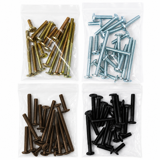 Mixed Bags of Furniture Connector Bolts in Black, Bronze, Bright Zinc, and Yellow