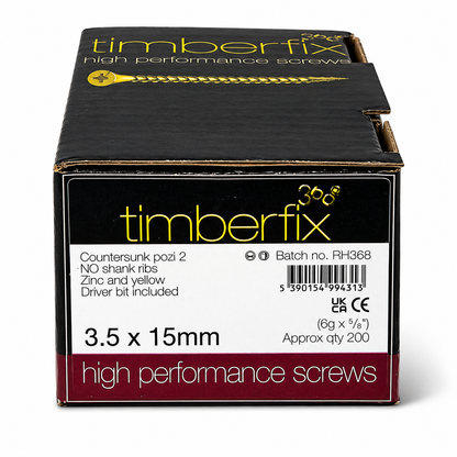 Box of 200x Timberfix 360 6g 3.5x15mm Premium Cutter Thread Wood Screws Countersunk Pozi Head Yellow Zinc