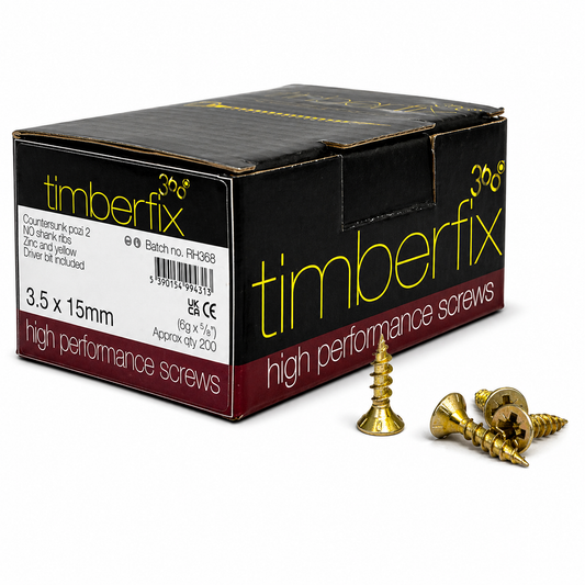 Box of 200x Timberfix 360 6g 3.5x15mm Premium Cutter Thread Wood Screws Countersunk Pozi Head Yellow Zinc