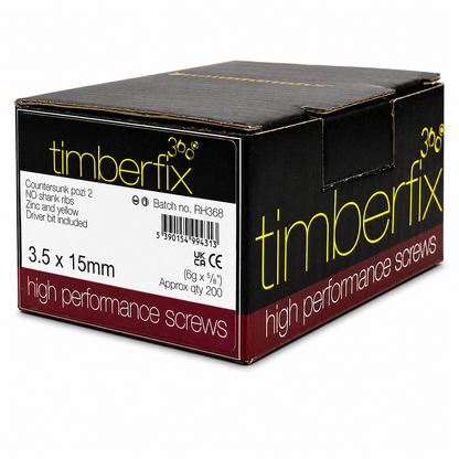 Box of 200x Timberfix 360 6g 3.5x15mm Premium Cutter Thread Wood Screws Countersunk Pozi Head Yellow Zinc