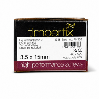 Box of 200x Timberfix 360 6g 3.5x15mm Premium Cutter Thread Wood Screws Countersunk Pozi Head Yellow Zinc