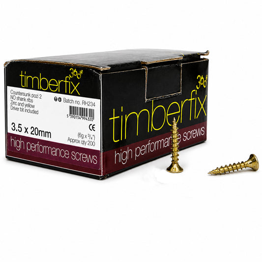 Box of 200x Timberfix 360 6g 3.5x20mm Premium Cutter Thread Wood Screws Countersunk Pozi Head Yellow Zinc