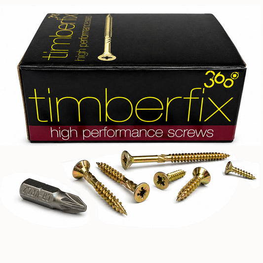 Boxes of Timberfix 360 8g 4.0mm x 16mm-70mm Premium Cutter Thread Wood Screws Countersunk Pozi Head Yellow Zinc