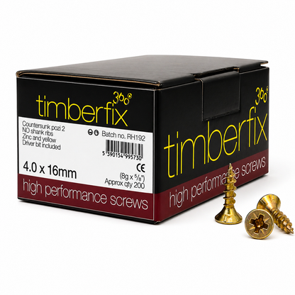 Boxes of Timberfix 360 8g 4.0mm x 16mm-70mm Premium Cutter Thread Wood Screws Countersunk Pozi Head Yellow Zinc