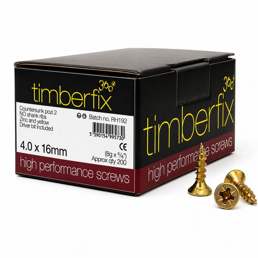 Box of 200x Timberfix 360 6g 4.0x16mm Premium Cutter Thread Wood Screws Countersunk Pozi Head Yellow Zinc