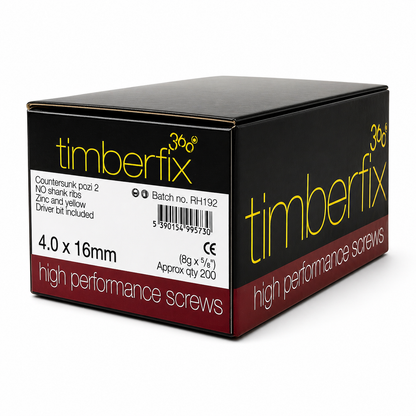 Box of 200x Timberfix 360 6g 4.0x16mm Premium Cutter Thread Wood Screws Countersunk Pozi Head Yellow Zinc