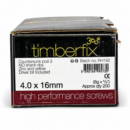 Box of 200x Timberfix 360 6g 4.0x16mm Premium Cutter Thread Wood Screws Countersunk Pozi Head Yellow Zinc