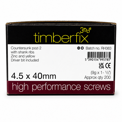Box of 200x Timberfix 360 9g 4.5x40mm Premium Cutter Thread Wood Screws Countersunk