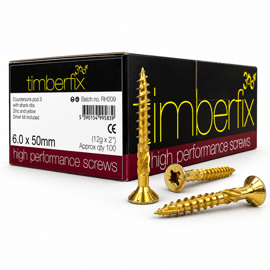 Box of 100x Timberfix 360 12g 6.0mmx50mm Premium Cutter Thread Wood Screws Countersunk