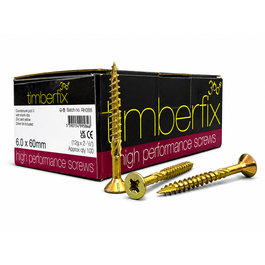 Box of 100x Timberfix 360 12g 6.0mmx60mm Premium Cutter Thread Wood Screws Countersunk
