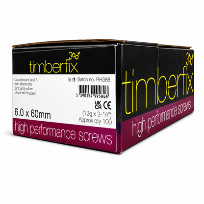 Box of 100x Timberfix 360 12g 6.0mmx60mm Premium Cutter Thread Wood Screws Countersunk
