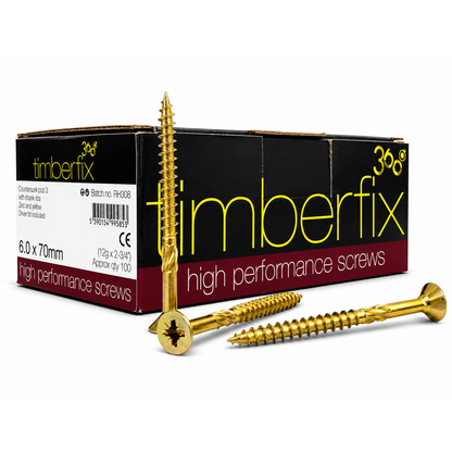 Box of 100x Timberfix 360 12g 6.0mmx70mm Premium Cutter Thread Wood Screws Countersunk