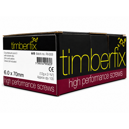 Box of 100x Timberfix 360 12g 6.0mmx70mm Premium Cutter Thread Wood Screws Countersunk