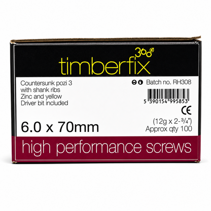 Box of 100x Timberfix 360 12g 6.0mmx70mm Premium Cutter Thread Wood Screws Countersunk