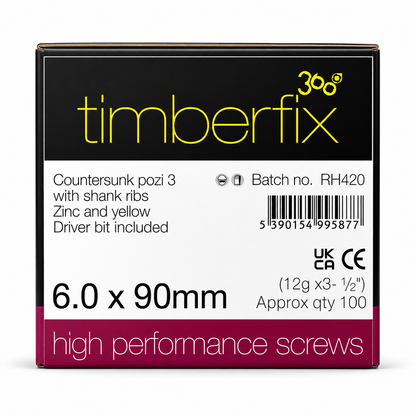 Box of 100x Timberfix 360 12g 6.0mmx90mm Premium Cutter Thread Wood Screws Countersunk
