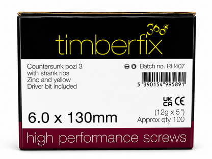 Box of 100x Timberfix 360 12g 6.0mmx130mm Premium Cutter Thread Wood Screws Countersunk