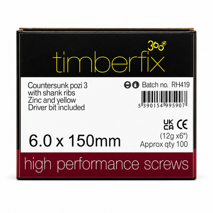 Box of 100x Timberfix 360 12g 6.0mmx150mm Premium Cutter Thread Wood Screws Countersunk