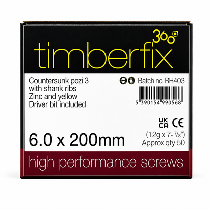 Timberfix 360 12g 6.0mmx200mm Premium Cutter Thread Wood Screws Countersunk