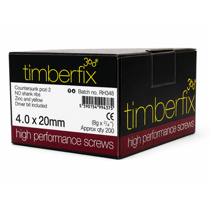 Box of 200x Timberfix 360 6g 4.0x20mm Premium Cutter Thread Wood Screws Countersunk Pozi Head Yellow Zinc