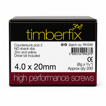 Box of 200x Timberfix 360 6g 4.0x20mm Premium Cutter Thread Wood Screws Countersunk Pozi Head Yellow Zinc