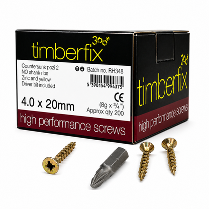 Box of 200x Timberfix 360 6g 4.0x20mm Premium Cutter Thread Wood Screws Countersunk Pozi Head Yellow Zinc