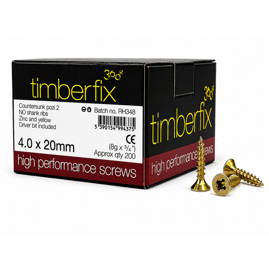 Box of 200x Timberfix 360 6g 4.0x20mm Premium Cutter Thread Wood Screws Countersunk Pozi Head Yellow Zinc