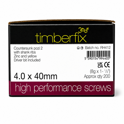 Box of 200x Timberfix 360 8g 4.0x40mm Premium Cutter Thread Wood Screws Countersunk