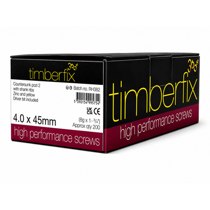 Box of 200x Timberfix 360 8g 4.0x45mm Premium Cutter Thread Wood Screws Countersunk