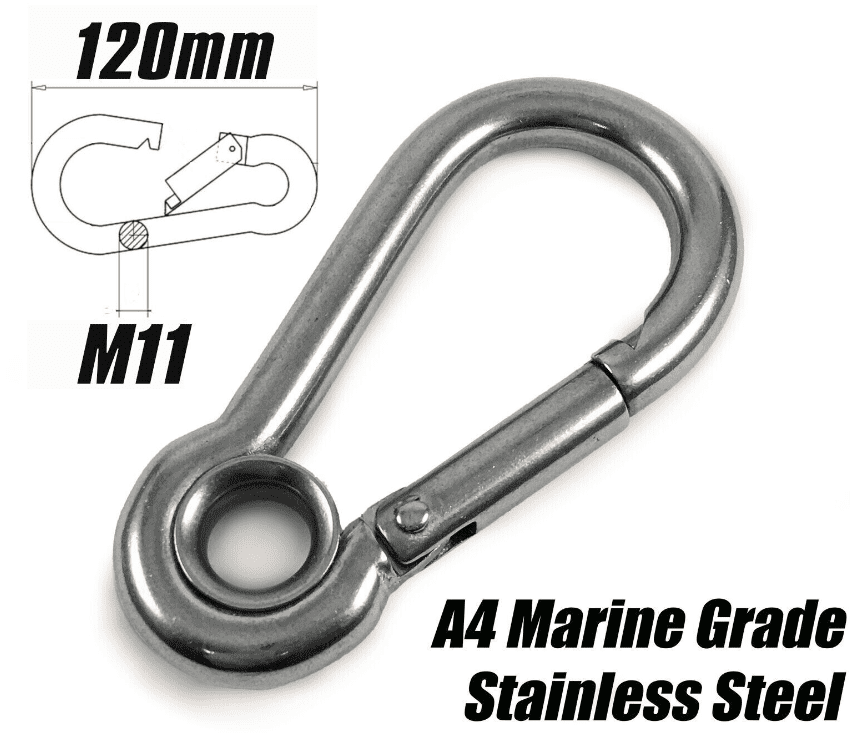 A4 Marine Grade Stainless Steel Carabiner Spring Hook Clip W Eyelet M11 x 120mm