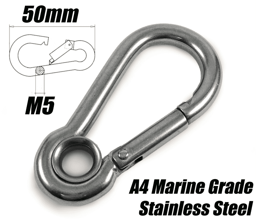 A4 Marine Grade Stainless Steel Carabiner Spring Hook Clip With Eyelet M5x50mm