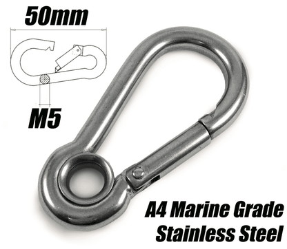 A4 Marine Grade Stainless Steel Carabiner Spring Hook Clip With Eyelet M5x50mm
