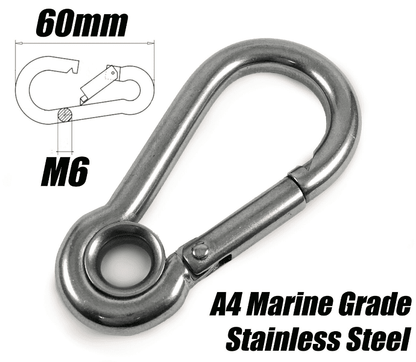 A4 Marine Grade Stainless Steel Carabiner Spring Hook Clip With Eyelet M6X60mm
