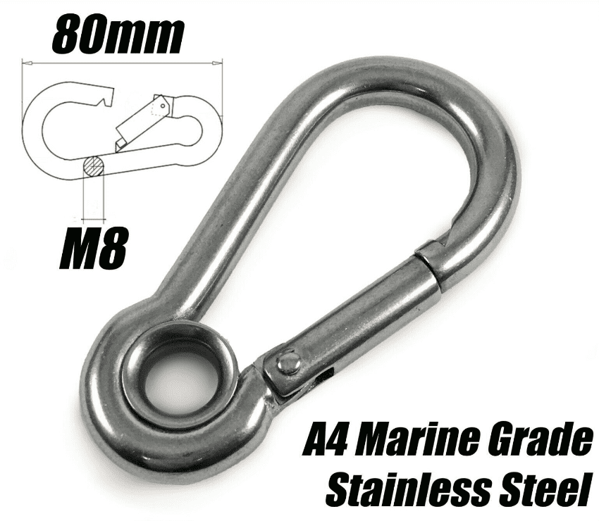 A4 Marine Grade Stainless Steel Carabiner Spring Hook Clip With Eyelet M8X80mm