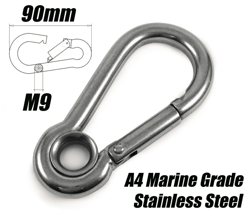 A4 Marine Grade Stainless Steel Carabiner Spring Hook Clip With Eyelet M9X90mm