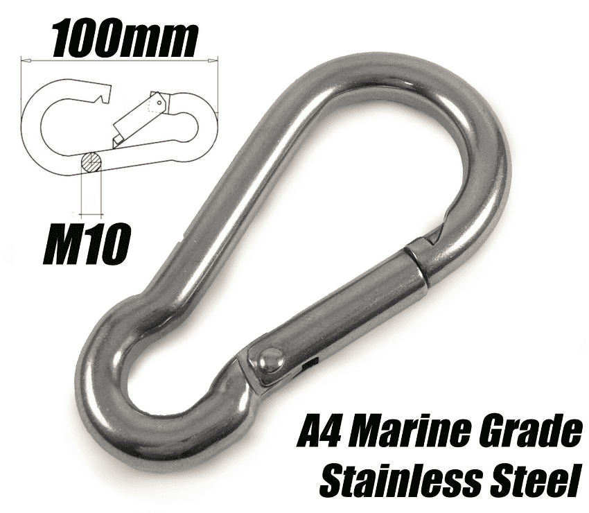 A4 Marine Grade Stainless Steel Carabiner Spring Hook Snap Rope Clip M10x100mm