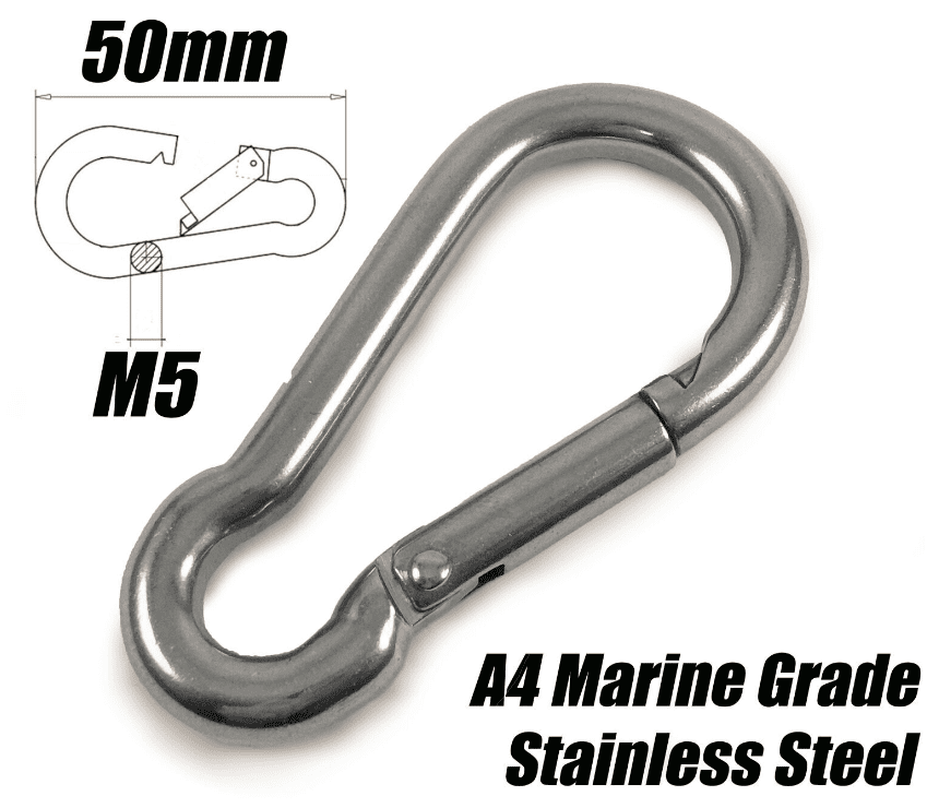 A4 Marine Grade Stainless Steel Carabiner Spring Hook Snap Rope Clips M5x50mm