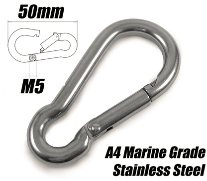 A4 Marine Grade Stainless Steel Carabiner Spring Hook Snap Rope Clips M5x50mm