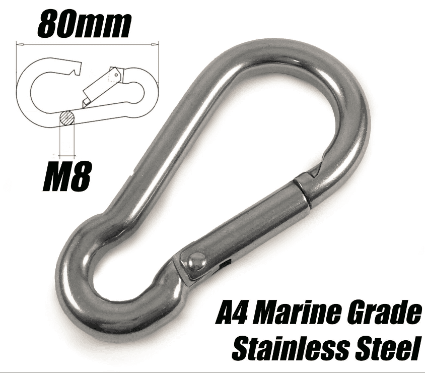 A4 Marine Grade Stainless Steel Carabiner Spring Hook Snap Rope Clips M8X80mm