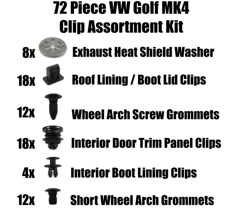 Assortment of Common Trim Clips & Fasteners for VW Golf Mk4 72 Piece Set