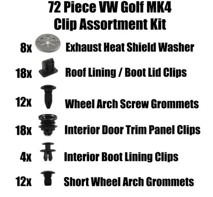 Assortment of Common Trim Clips & Fasteners for VW Golf Mk4 72 Piece Set